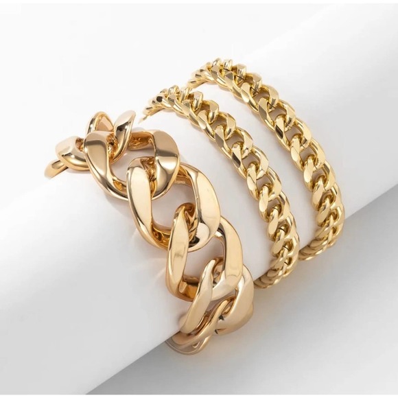 NEW Bracelet Anklet 3 Chunky Gold Tone Set Fashion Jewelry Trendy Layering O07 - Picture 3 of 5